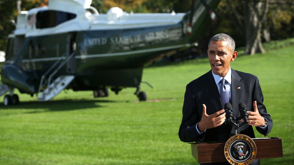 President Barack Obama makes a statement about Ebola after a conference call with USAID workers in West Africa Oct. 28, 2014 prior to his departure from the White House in Washington, D.C. (Photo by Alex Wong/Getty)