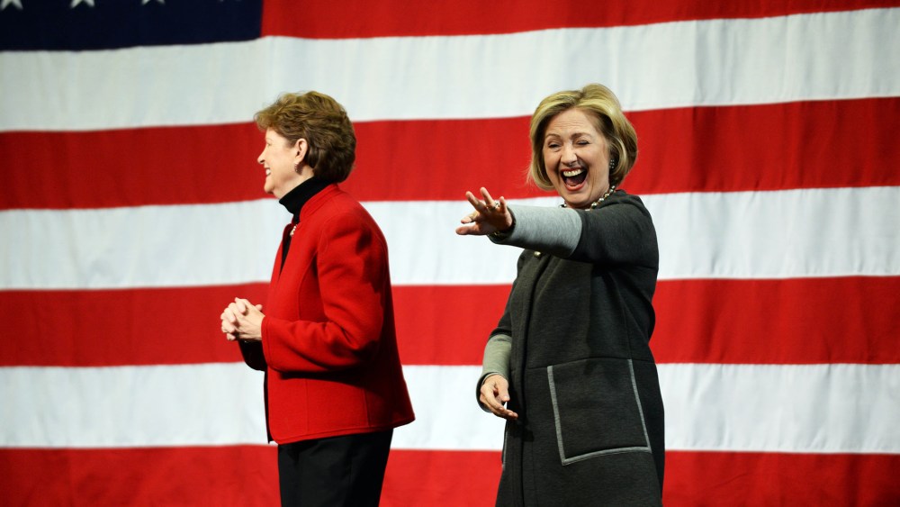 Former U.S. Secretary of State Hillary Clinton (R) campaigns with U.S. Senator Jeanne Shaheen on Nov. 2, 2014 in Nashua, N.H.