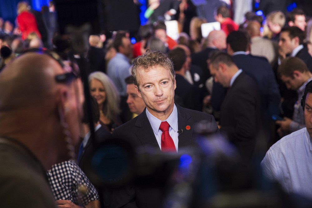U.S. Sen. Rand Paul prepares for a television interview at U.S. Sen. Mitch McConnell's election night event on Nov. 4, 2014 in Louisville, Ky.