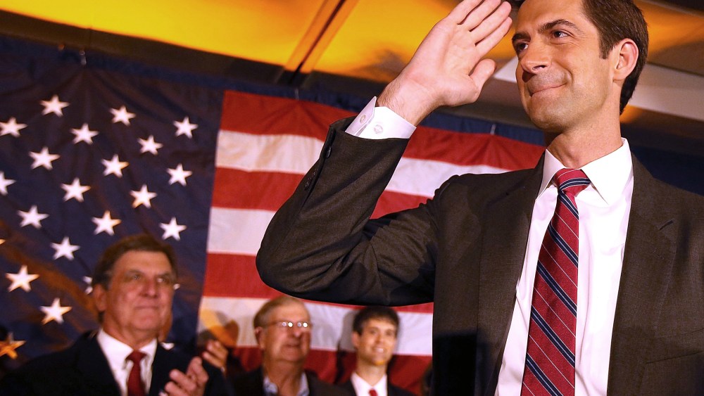 U.S. Rep. and Senator-elect Tom Cotton (R-AR) salutes supporters during an election night gathering on Nov. 4, 2014 in Little Rock.
