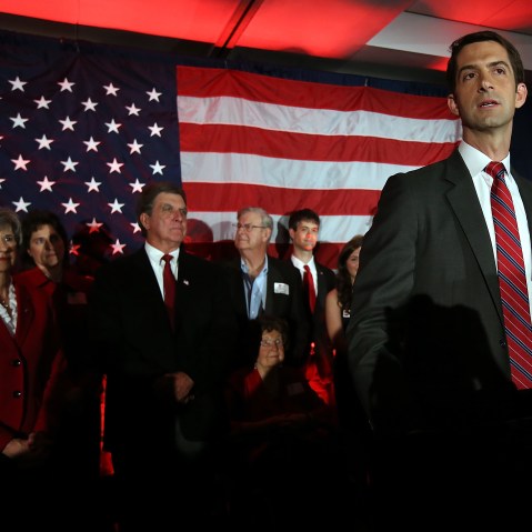Then-US Rep. Tom Cotton (R-AR) and republican US Senate elect in Arkansas spoke to supporters during an election night gathering on Nov. 4, 2014 in North Little Rock, Ark. (Photo by Justin Sullivan/Getty)