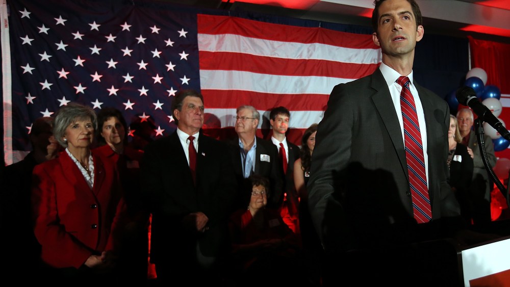 Then-US Rep. Tom Cotton (R-AR) and republican US Senate elect in Arkansas spoke to supporters during an election night gathering on Nov. 4, 2014 in North Little Rock, Ark. (Photo by Justin Sullivan/Getty)