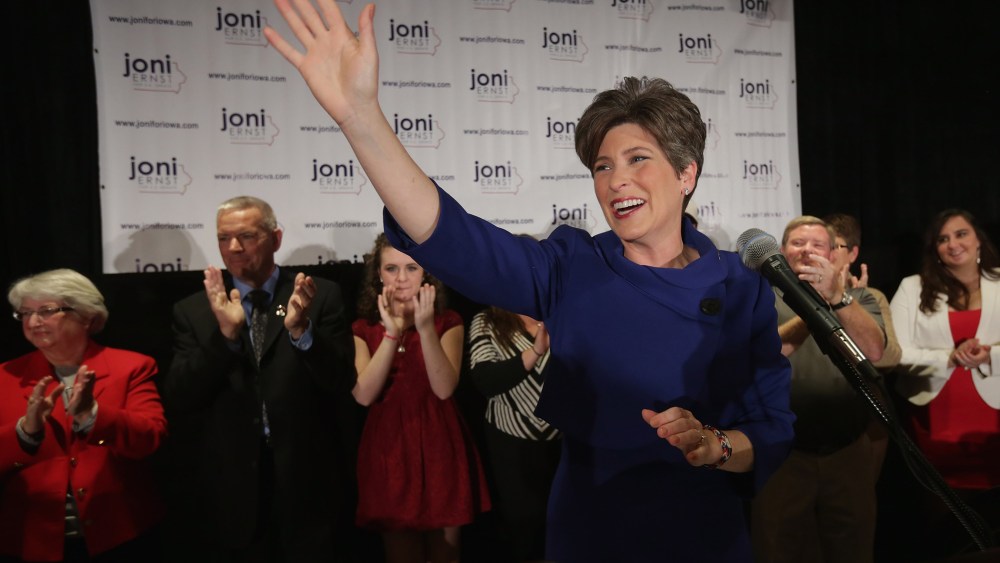 Republican U.S. Senator-elect Joni Ernst thanks her supporters after she won the U.S. Senate race on election night on November 4, 2014 in West Des Moines, Iowa. (Chip Somodevilla/Getty)