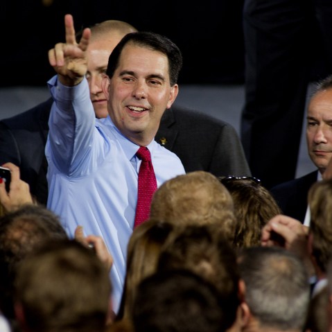 Wisconsin Gov. Scott Walker greets supporters at his election night party November 4, 2014 in West Allis, Wisc. (Darren Hauck/AP)