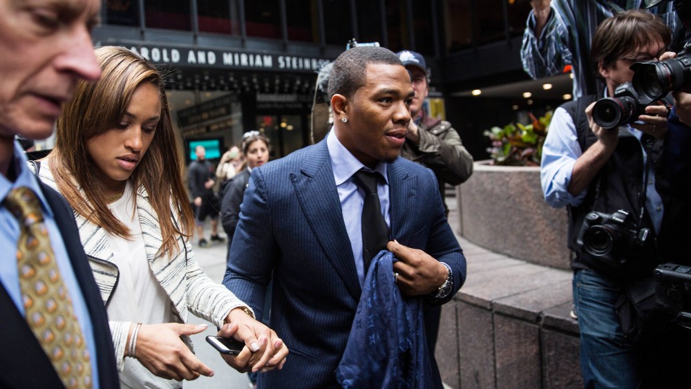 Suspended Baltimore Ravens football player Ray Rice and his wife Janay Palmer arrive for a hearing on Nov. 5, 2014 in New York City. (Andrew Burton/Getty)