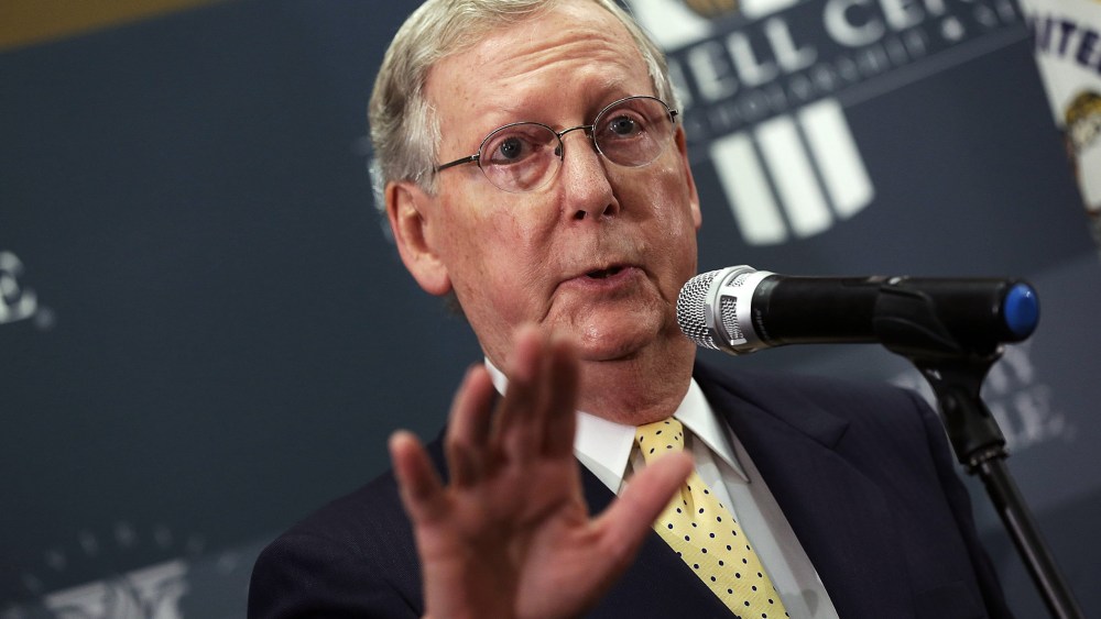 Senate Minority Leader U.S. Sen. Mitch McConnell answers questions during a press conference at the University of Louisville on Nov. 5, 2014 in Louisville, Ky.