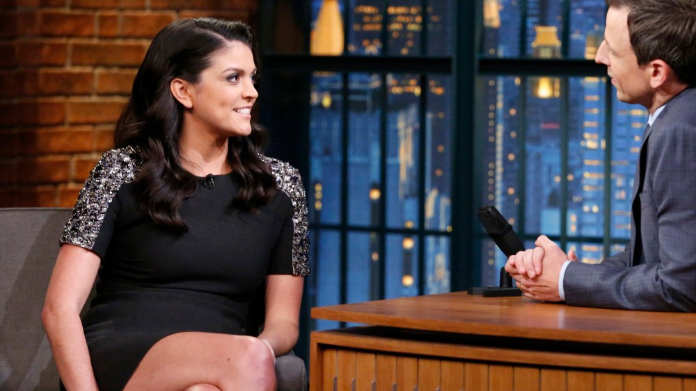 SNL star Cecily Strong during an interview with Late Night host Seth Meyers on Nov. 5, 2014.  Meyers hosted the White House Correspondents dinner in 2011.
