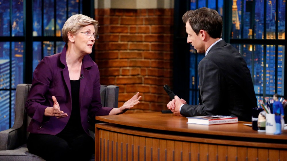 Senator Elizabeth Warren during an interview with host Seth Meyers on Nov. 11, 2014.
