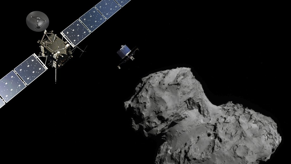 n this November 10, 2014 handout photo illustration provided by the European Space Agency (ESA) the Rosetta probe (L) and Philae lander are pictured above the 67P/Churyumov-Gerasimenko comet.