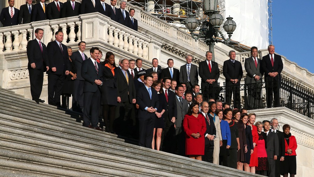 Newly elected freshman members of the upcoming 114th Congress pose for a class photo on the steps of the U.S. Capitol on Nov. 18, 2014 in Washington, DC.
