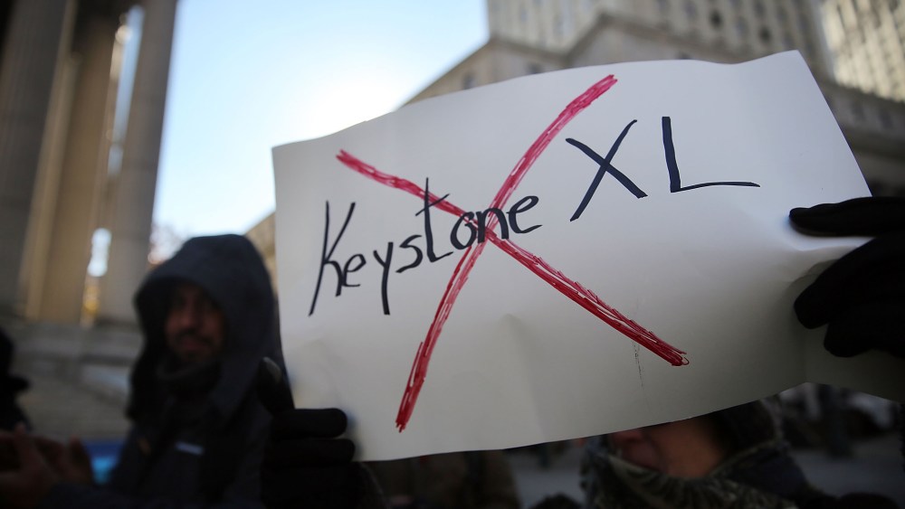 Protesters participate in an anti-Keystone pipeline demonstration in New York's Foley Square on Nov. 18, 2014 in New York City.