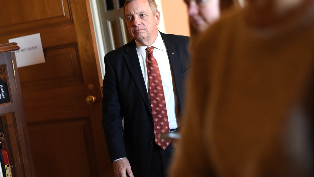 Sen. Richard Durbin (D-IL) leaves the weekly Democratic policy luncheon at the U.S. Capitol on Nov. 18, 2014 in Washington, D.C. (Photo by Win McNamee/Getty)