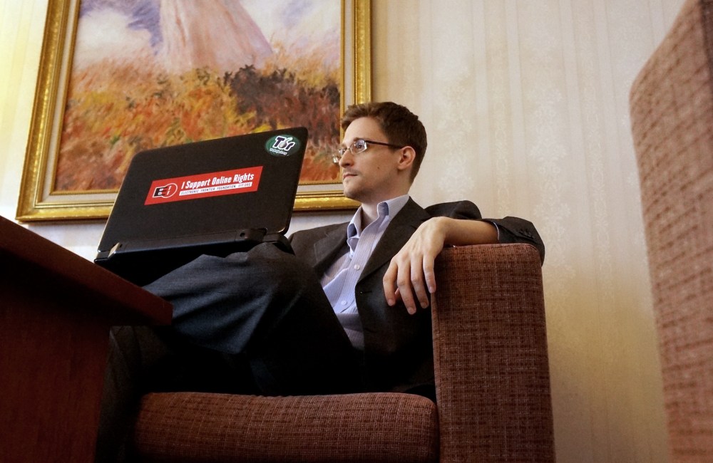 Former intelligence contractor Edward Snowden poses for a photo during an interview in Moscow, Dec. 2013.