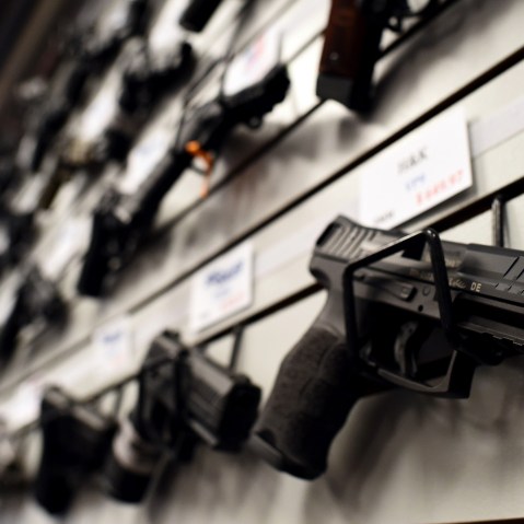 Handguns are displayed a firing range in St. Peters, Mo. on Nov. 26, 2014.  (Photo by Jewel Samad/AFP/Getty)