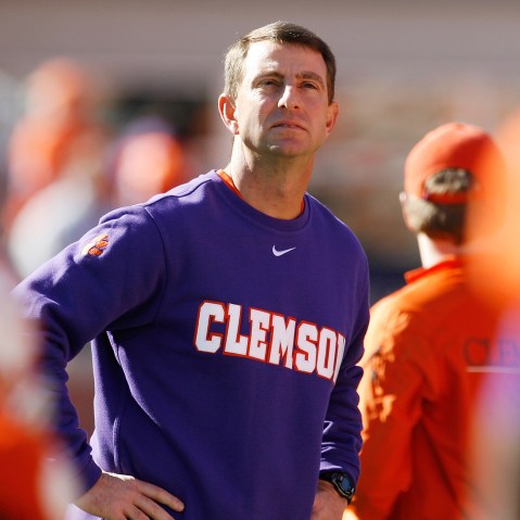 Head Coach Dabo Swinney of the Clemson Tigers looks on prior to their game against the South Carolina Gamecocks at Memorial Stadium on Nov. 29, 2014 in Clemson, S.C. (Photo by Tyler Smith/Getty)