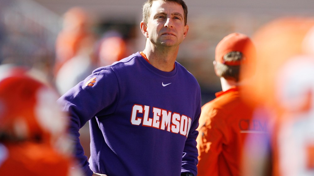 Head Coach Dabo Swinney of the Clemson Tigers looks on prior to their game against the South Carolina Gamecocks at Memorial Stadium on Nov. 29, 2014 in Clemson, S.C. (Photo by Tyler Smith/Getty)