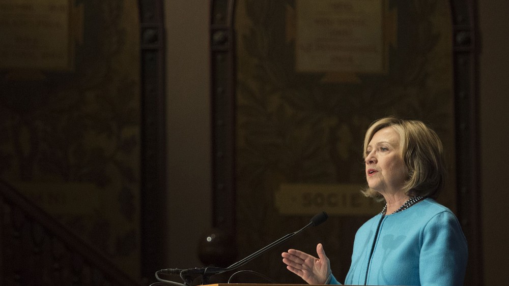 Former US Secretary of State Hillary Clinton at Georgetown University in Washington, DC, on Dec. 3, 2014. (Jim Watson/AFP/Getty)