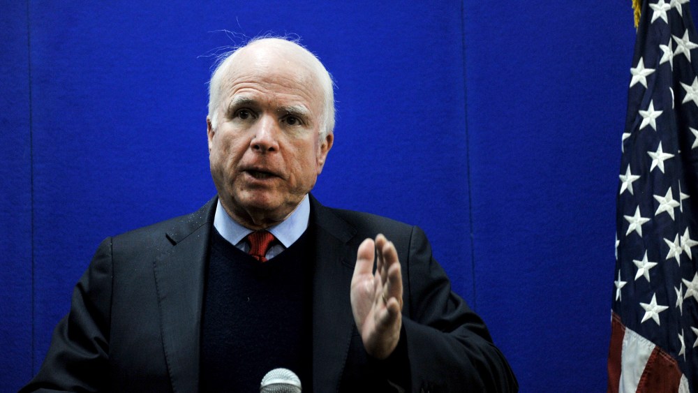 US Senator John McCain speaks during a press conference at the US Embassy in Kabul on January 2, 2014.