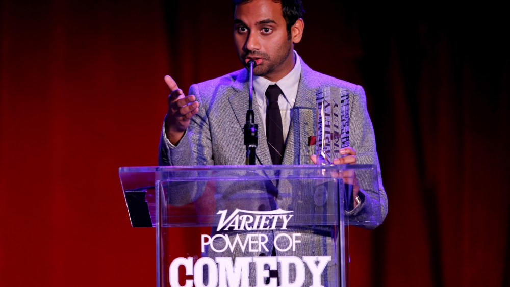 Honoree Aziz Ansari speaks onstage at Variety's 5th annual Power of Comedy presented by TBS benefiting the Noreen Fraser Foundation at The Belasco Theater on Dec. 11, 2014 in Los Angeles, Calif. (Photo by Joe Scarnici/Getty)