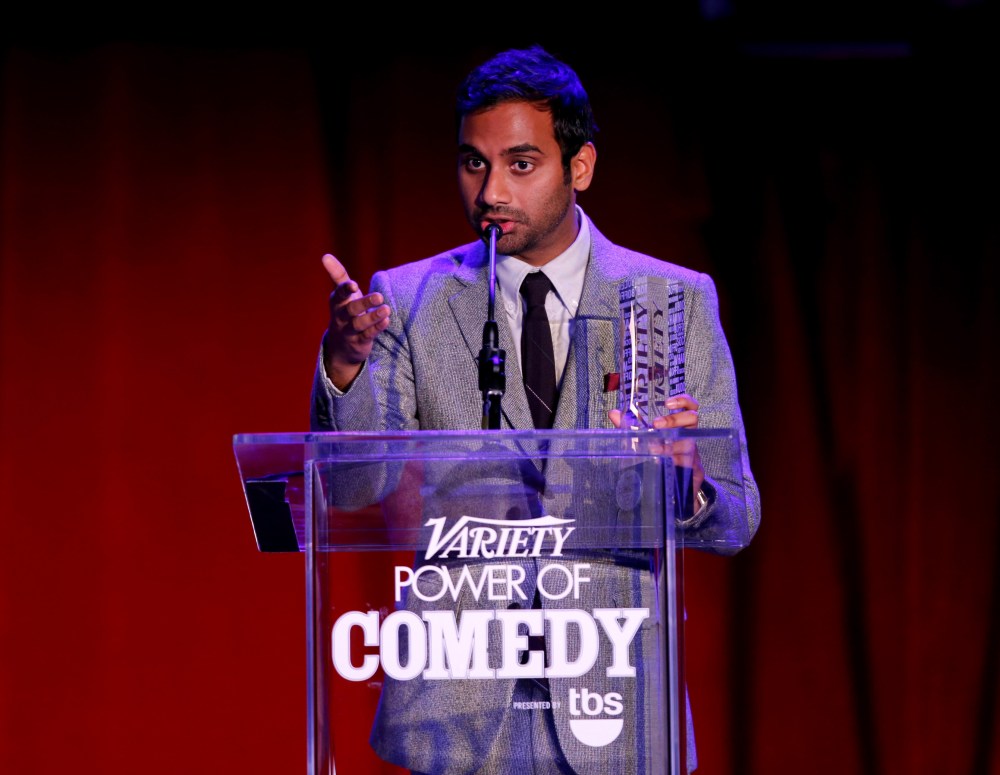 Honoree Aziz Ansari speaks onstage at Variety's 5th annual Power of Comedy presented by TBS benefiting the Noreen Fraser Foundation at The Belasco Theater on Dec. 11, 2014 in Los Angeles, Calif. (Photo by Joe Scarnici/Getty)