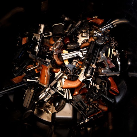 Surrendered handguns are pictured during a buyback event in Los Angeles, Calif., on Dec. 13, 2014. (Photo by Mark Ralston/AFP/Getty)