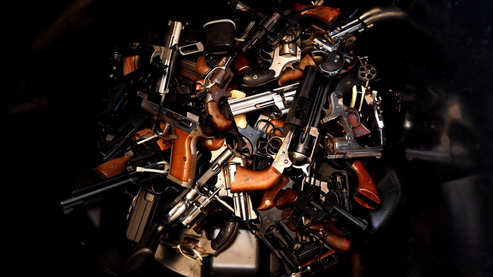 Surrendered handguns are pictured during a buyback event in Los Angeles, Calif., on Dec. 13, 2014. (Photo by Mark Ralston/AFP/Getty)
