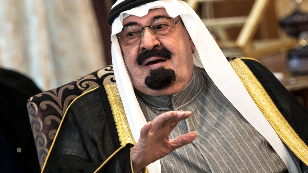 Saudi Arabia's King Abdullah bin Abdulaziz al-Saud speaks with the US Secretary of State during a meeting at the King's desert encampment on Jan. 5, 2014 in Rawdat al-Khuraim. (Photo by Brendan Smialowski/AFP/Getty)