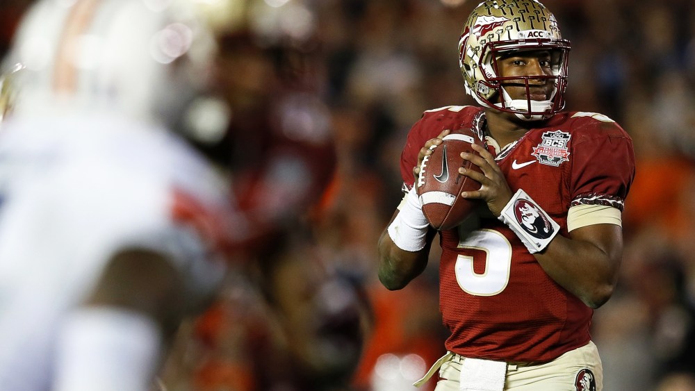 Quarterback Jameis Winston #5 of the Florida State Seminoles looks to pass during the 2014 Vizio BCS National Championship Game at the Rose Bowl on Jan. 6, 2014 in Pasadena, Calif. (Photo by Kevin C. Cox/Getty)