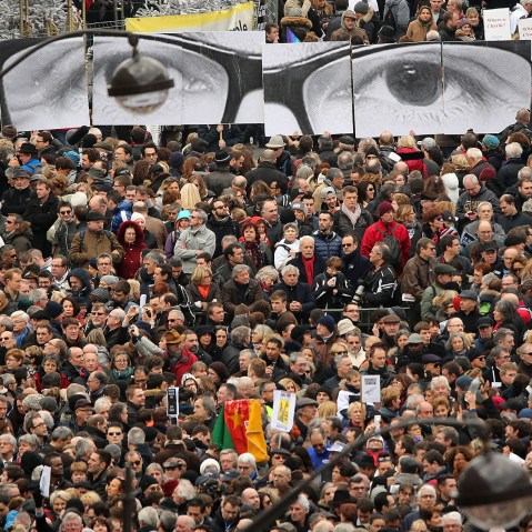 Demonstrators gather in Place de la Republique in Paris prior to a mass unity rally to be held in Paris following the recent terrorist attacks on Jan. 11, 2015. (Photo by Christopher Furlong/Getty)