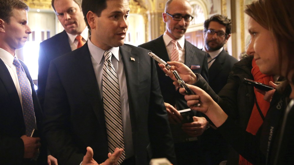 U.S. Sen. Marco Rubio (R-FL) talks to members of the media Jan. 8, 2014 at the U.S. Capitol in Washington.