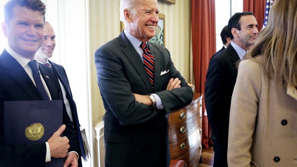 U.S. Vice President Joseph Biden (C) looks on during a meeting between U.S. President Barack Obama and British Prime Minister David Cameron in the Oval Office of the White House Jan. 16, 2015 in Washington, DC. (Photo by Alex Wong/Getty)