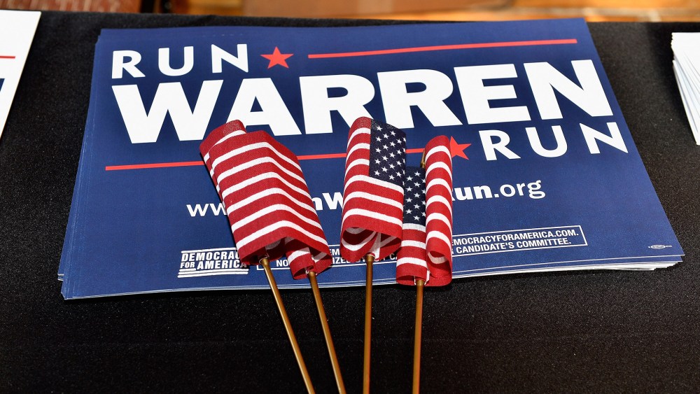 Signs and flags a "Run Warren Run" event on Jan. 17, 2015 in Manchester, N.H.