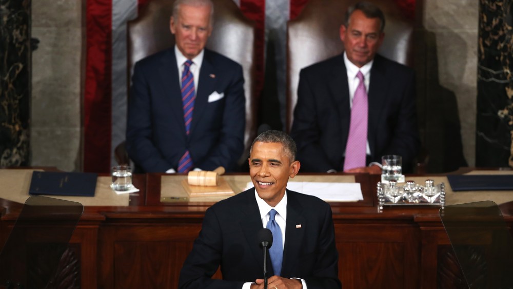 President Barack Obama delivers the State of the Union speech before members of Congress in the House chamber of the U.S. Capitol on Jan. 20, 2015 in Washington, DC. (Photo by Mark Wilson/Getty)