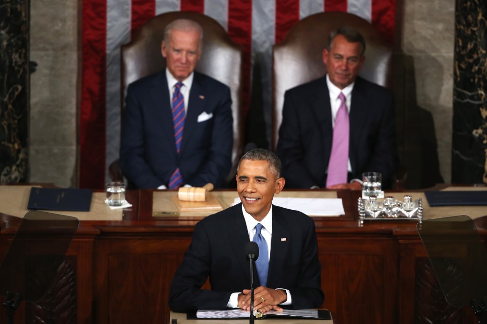 President Barack Obama delivers the State of the Union speech before members of Congress in the House chamber of the U.S. Capitol on Jan. 20, 2015 in Washington, DC. (Photo by Mark Wilson/Getty)