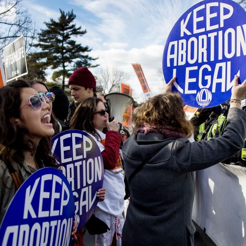 Pro-choice activists at the March For Life, in front of the US Supreme Court in Washington, DC, on Jan. 22, 2015.