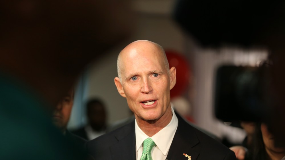 Florida Governor Rick Scott speaks to the media during a visit to SeaLand shipping lines new Intra-Americas headquarters on Jan. 23, 2015 in Miramar, Fla.