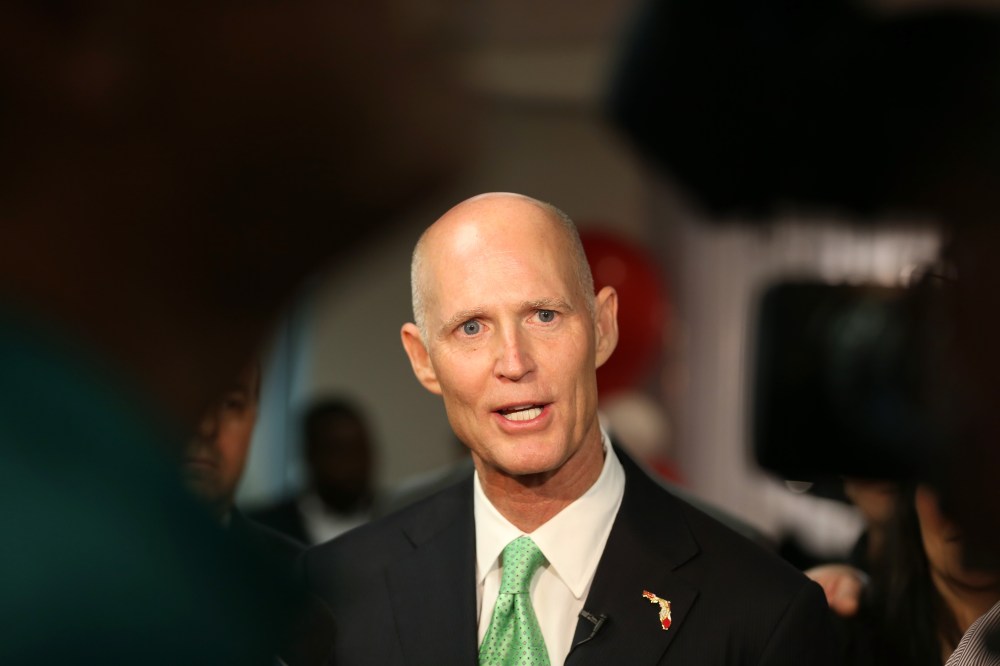 Florida Governor Rick Scott speaks to the media during a visit to SeaLand shipping lines new Intra-Americas headquarters on Jan. 23, 2015 in Miramar, Fla.