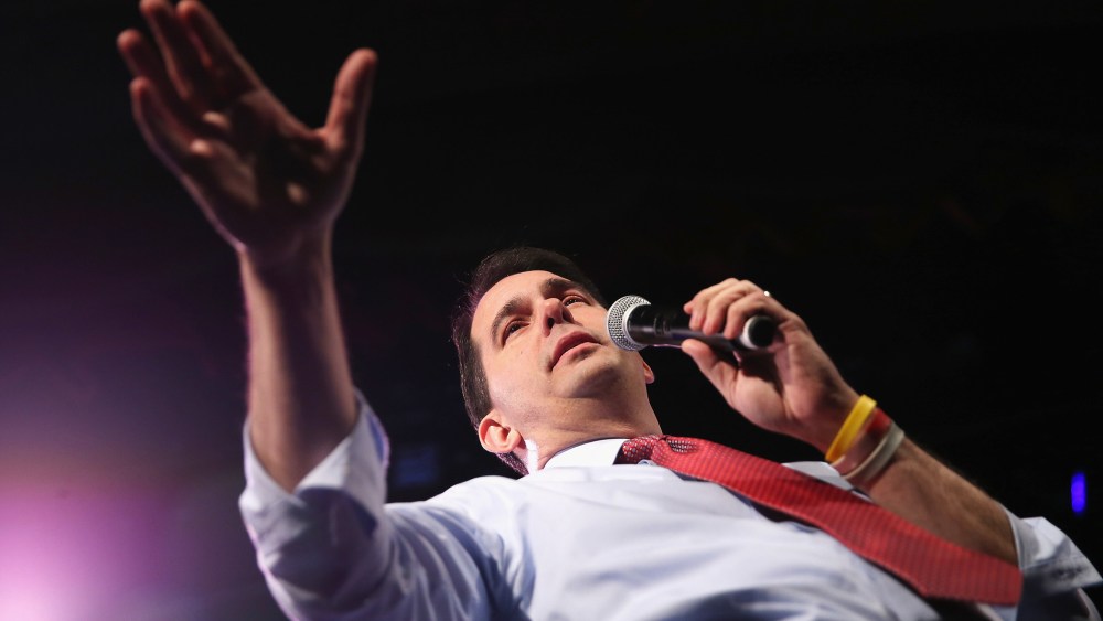Wisconsin Gov. Scott Walker speaks to guests at the Iowa Freedom Summit on Jan. 24, 2015 in Des Moines, Iowa. (Photo by Scott Olson/Getty)