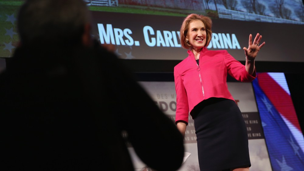 Carly Fiorina, Former CEO of Hewlett-Packard Company, speaks to guests at the Iowa Freedom Summit on January 24, 2015 in Des Moines, Iowa. (Photo by Scott Olson/Getty)