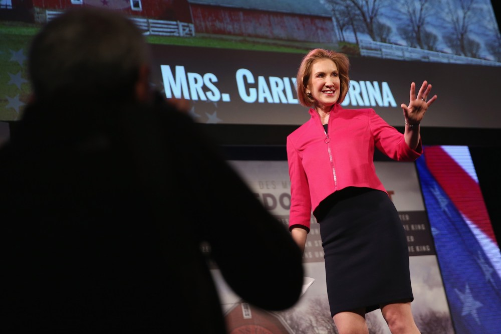 Carly Fiorina, Former CEO of Hewlett-Packard Company, speaks to guests at the Iowa Freedom Summit on January 24, 2015 in Des Moines, Iowa. (Photo by Scott Olson/Getty)