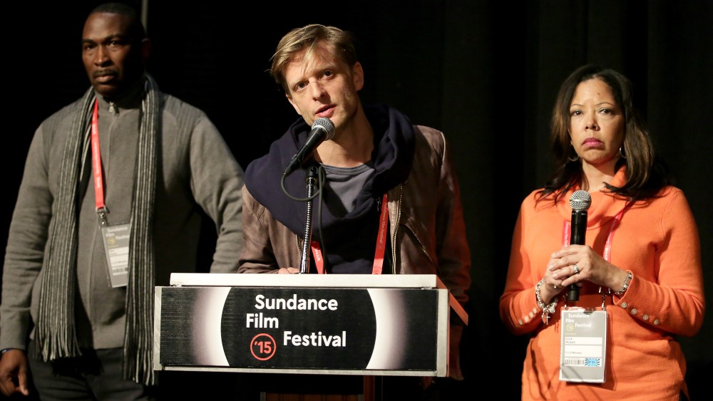 Jordan Davis' parents, Lucia McBath and Ron Davis, and director Marc Silver speak at the "3 1/2 Minutes" premiere during the 2015 Sundance Film Festival on Jan. 24, 2015 in Park City, Utah. (Photo by Chelsea Lauren/Getty)