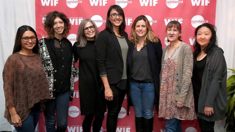 (L-R) Cristina Ibarra, Elisabeth Holm, Ruth Ann Harnisch, Sydney Freeland, Tracy Droz Tragos, Kat Candler and Su Kim attend the Woman at Sundance Brunch on Jan. 26, 2015 in Park City, Utah. (Photo by Mat Hayward/Getty for Sundance)