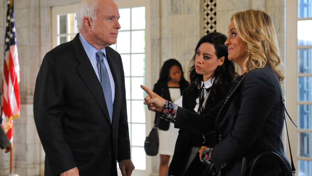 Senator John McCain, Aubrey Plaza as April Ludgate and Amy Poehler as Leslie Knope are seen in the episode "Ms. Ludgate-Dwyer Goes to Washington" from the show Parks and Recreation. (Photo by Larry French/NBC/NBCU Photo Bank/Getty)