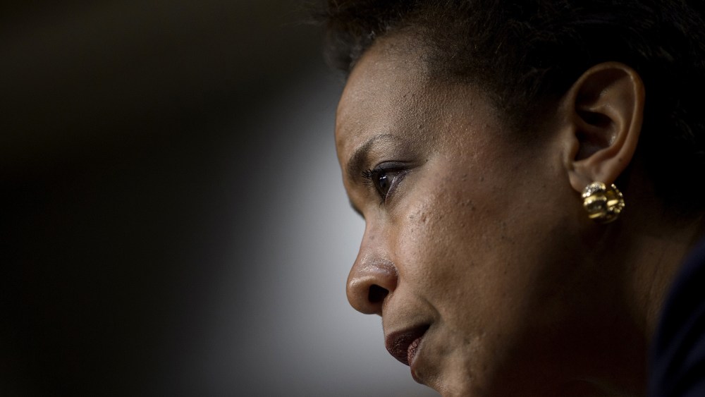Loretta Lynch listens during her confirmation hearing before the Senate Judiciary Committee Jan. 28, 2015 in Washington, DC. (Photo by Brendan Smialowski/AFP/Getty)