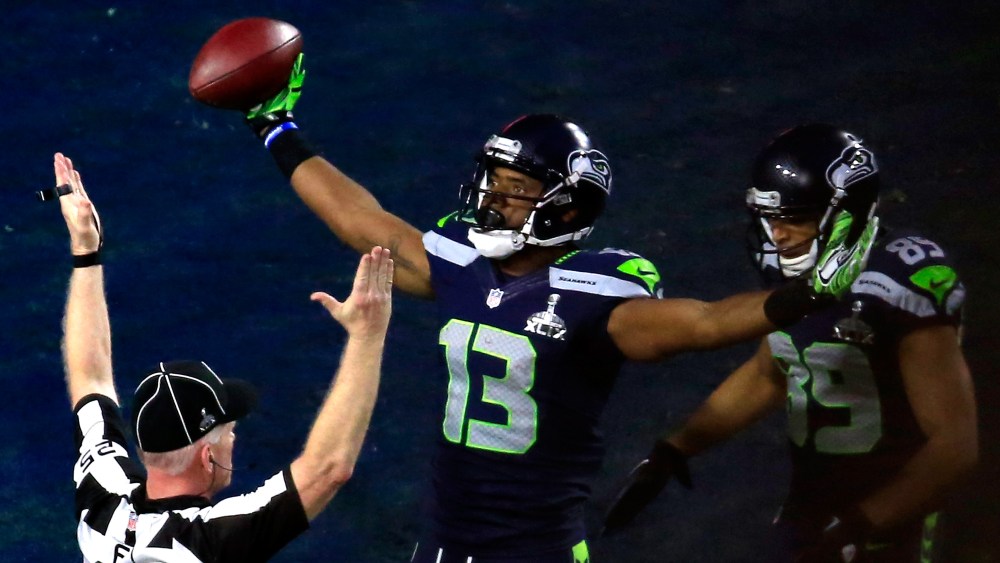 Chris Matthews of the Seattle Seahawks celebrates scoring an 11 yard touchdown late in the second quarter against the New England Patriots during Super Bowl XLIX at University of Phoenix Stadium on Feb. 1, 2015 in Glendale, Ariz.