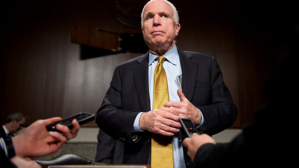 Chairman John McCain, R-Ariz., talks with reporters during a break in a hearing on Feb. 4, 2015, Washington, D.C. (Photo By Tom Williams/CQ Roll Call/Getty)