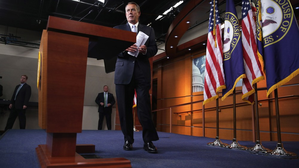 Speaker of the House John Boehner (R-OH) arrives for his weekly news conference at the U.S. Capitol on Feb. 5, 2015 in Washington, D.C. (Photo by Chip Somodevilla/Getty)