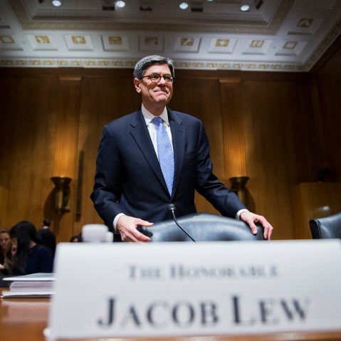 Treasury Secretary Jack Lew, arrives to testify before a Senate Finance Committee hearing in Dirksen Building on Feb. 5, 2015. (Photo By Tom Williams/CQ Roll Call/Getty)
