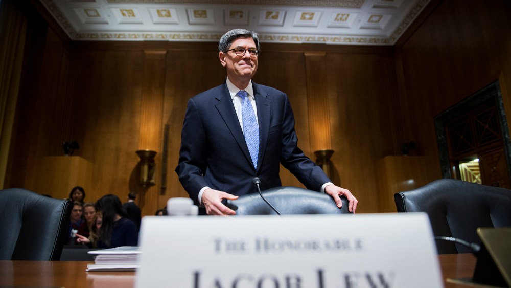 Treasury Secretary Jack Lew, arrives to testify before a Senate Finance Committee hearing in Dirksen Building on Feb. 5, 2015. (Photo By Tom Williams/CQ Roll Call/Getty)