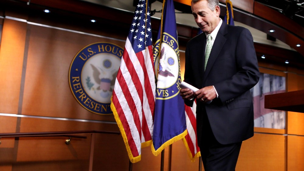 Speaker of the House John Boehner (R-OH) leaves after his weekly news conference in the Capitol Visitors Center at the US Captiol, Feb. 12, 2015 in Washington, DC. (Photo by Chip Somodevilla/Getty)